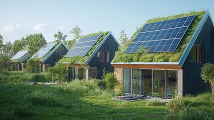 Obraz premium Eco-friendly homes with solar panels and green roofs in lush landscape.