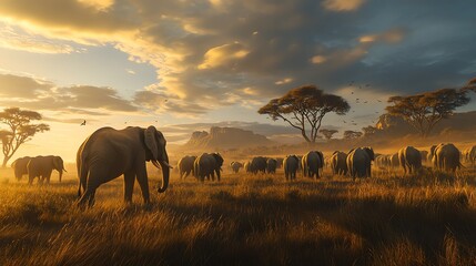 Fototapeta premium Herd of elephants walking in savannah during sunset with dramatic clouds.