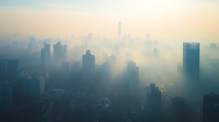Fototapeta premium City skyline shrouded in fog with a hazy atmosphere.