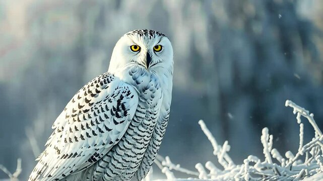 A snowy owl perches in a snowy forest, staring intently at the camera