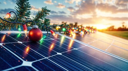Solar panels decorated with christmas ornaments and lights at sunset, sustainable holiday celebration