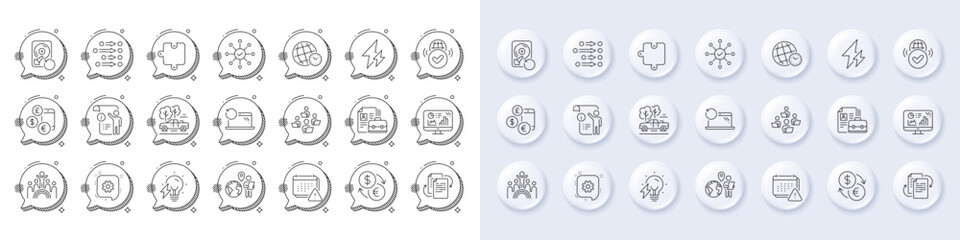 Verified internet, Inclusion and Order line icons. White pin 3d buttons, chat bubbles icons. Pack of Recovery laptop, Electricity bulb, Analytics graph icon. Vector