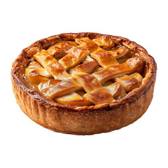 Whole apple pie with lattice crust, isolated on a transparent background, angled top down view.