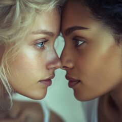 Fototapeta premium two women are touching noses in a mirror
