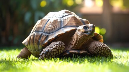 Fototapeta premium Giant tortoise grazing on grass in a serene environment