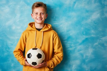 teenager, excellent student with a soccer ball in his hands on a blue background with space for text, advertising