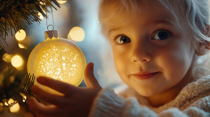 Naklejka premium A young child secretly placing a handmade ornament on a grandparent’s Christmas tree as a surprise gift – A moment of joy and surprise, filled with the happiness of simple yet mean