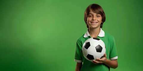 handsome boy with soccer ball on green background. space for text, advertising