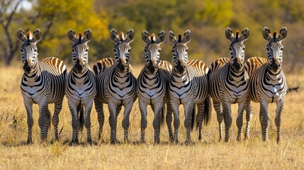 Fototapeta premium Herd of zebras standing together, highlighting their unique stripes