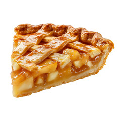 A single slice of homemade apple pie with a flaky crust and filling, isolated on a white background, side view