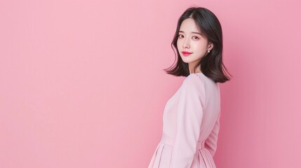 Obraz premium Asian Woman with Medium Bob, Rosy Cheeks, Red Lips, Pink Dress, Natural Makeup, Minimalist Pink Background, Soft Glow, Sweet Smile, Casual Elegance, Copyspace for Text