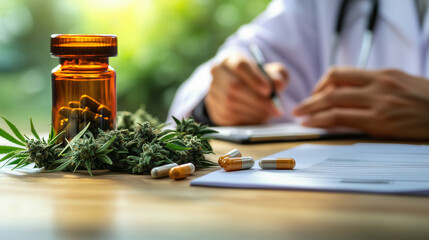 Physician is prescribing medical cannabis with buds and pills on a desk