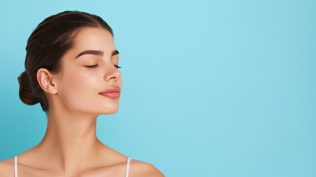 Serene Brunette Woman with Sleek Bun, Minimal Makeup, Glowing Skin, Natural Look, Off-Shoulder White Top, Minimalist Blue Background, Calm Expression, Soft Summer Vibes, Copyspace for Text


