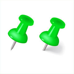 The green Colorful thumbtack. Glossy plastic pin tacks. Green pushpin icon isolated on white. Pins tacks. Realistic pushpins. Vector 3d illustration. Office stationery. 