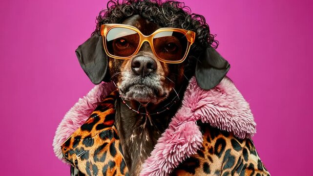 A fashionable dog showcases its unique style wearing a leopard print coat and large sunglasses, standing out against a colorful backdrop