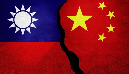 Taiwan and China flag painting on crack wall background. Taiwan Vs China, China Taipei Vs China, diplomatic relationship between Taiwan and China concept