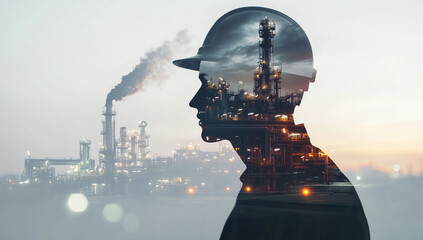 Double exposure of an oil and gas worker's silhouette wearing a helmet in front of the backdrop of an industrial plant, a concept for the energy industry's technolog