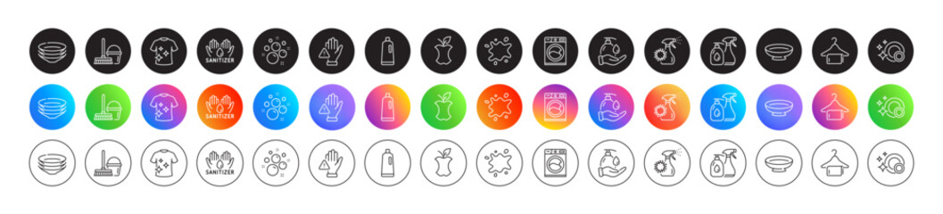 Coronavirus spray, Dont touch and Shampoo line icons. Round icon gradient buttons. Pack of Clean bubbles, Washing machine, Dirty spot icon. Wash hands, Organic waste, Clean dishes pictogram. Vector