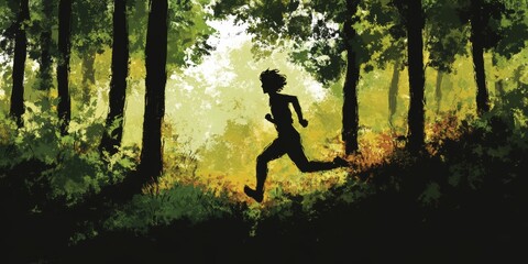 Silhouette of a Person Running Through a Lush Forest