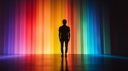 Silhouette of Person Standing Against Vibrant Rainbow-Colored Light Stripes
