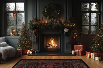 Wystrój domu - aranżacja wnętrz - 323 - Wieniec świąteczny nad kominkiem, obok choinka, salon w ciemnych kolorach