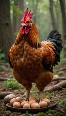 Proud rooster standing on a nest of eggs in a forest setting