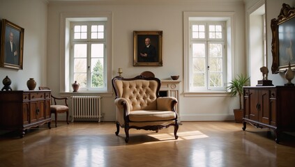 Fototapeta premium A spacious room adorned by wooden floors and expansive windows