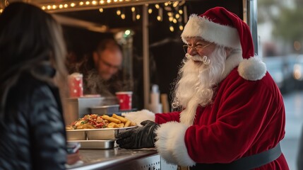 Santa Claus who works in a food truck and serves food to a visitor. Employees can be seen inside the food truck, as well as food being prepared for distribution.