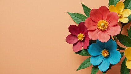 A detailed illustration showcases vibrant paper flowers and leaves against a peach backdrop