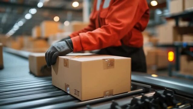 Worker in the warehouse of an industry preparing a box for shipment.