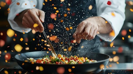 Obraz premium A chef stirs a colorful dish in a frying pan, surrounded by vibrant spices and ingredients, showcasing culinary artistry and passion.