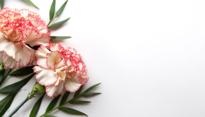 Fototapeta premium Carnation Flower with leaves pattern on side position provides copy space for text. background concept isolated white
