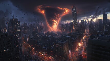 A heart-stopping image of a tornado approaching a crowded cityscape, the massive funnel cloud looming ominously over skyscrapers, while panic spreads across the streets below