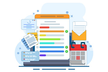 Task dashboard concept on laptop with calendar clipboard checklist. email campaign, social media marketing. Project management, work deadline concept. flat vector illustration.