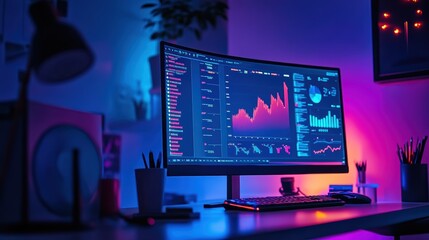 A minimalist workspace featuring a single computer screen displaying various graphs and data analytics, illuminated by soft lighting, conveying focus and clarity of thought