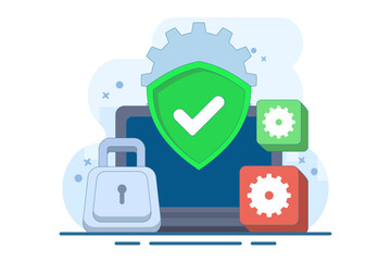 Computer security concept, Device security, PC protected with lock and shield, Firewall protection concept, Privacy access, Personal data, Secure system, Flat illustration vector template.