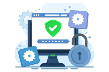 Computer security concept, Device security, PC protected with lock and shield, Firewall protection concept, Privacy access, Personal data, Secure system, Flat illustration vector template.