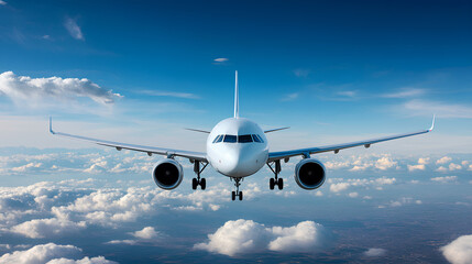 airplane front view, flying in the sky, good weather, sunny day