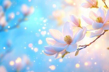 Fototapeta premium Beautiful Star Magnolias Illuminated by Warm Light Against a Soft Blue Backdrop in Springtime Bloom