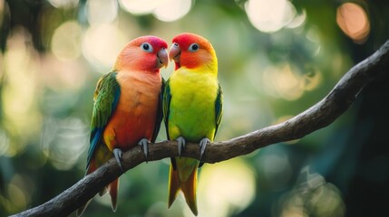 Obraz premium Pair of lovebirds cuddling on a perch, embodying affection