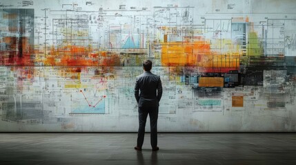 Obraz premium a moment of inspiration, where a businessperson stands in front of a large whiteboard filled with colorful charts and diagrams, contemplating the next big move