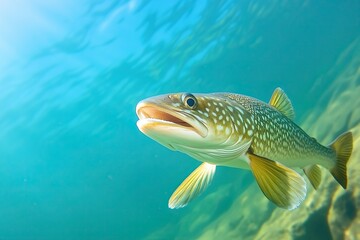Naklejka premium Northern Pike Leaps Into the Air Chasing Huge in Autumn Waters