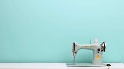 Antique sewing machine with intricate designs, positioned against a light blue background in a modern display setting