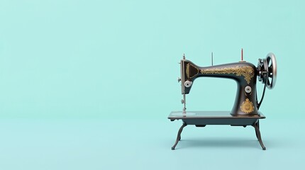 Antique sewing machine with intricate designs, positioned against a light blue background in a modern display setting