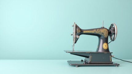 Antique sewing machine with intricate designs, positioned against a light blue background in a modern display setting