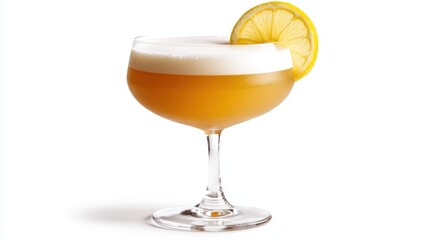 A whiskey sour with a lemon wheel garnish, perfectly framed on a crisp white background for an elegant restaurant menu