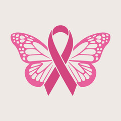 Breast cancer awareness pink ribbon. Butterfly ribbon icon. Vector illustration.
