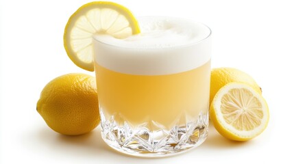 A whiskey sour with a lemon wheel garnish, perfectly framed on a crisp white background for an elegant restaurant menu