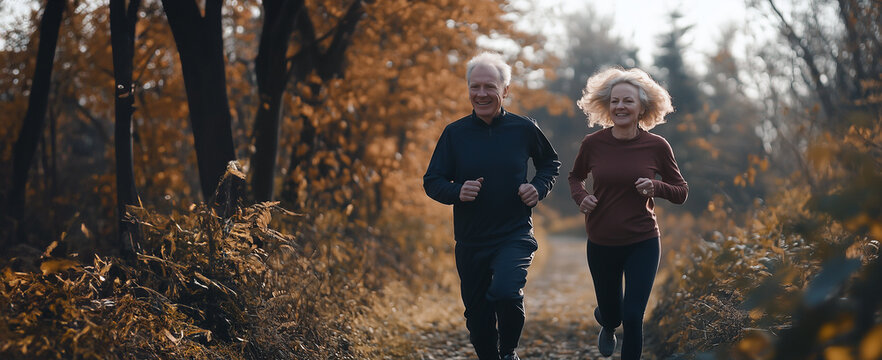 Un couple de personnes &acirc;g&eacute;es souriantes faisant du jogging dans la nature avec des v&ecirc;tements de sport, mode de vie actif, attitude saine, image avec espace pour texte.