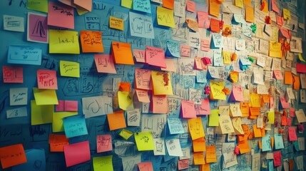 a brainstorming wall covered in colorful post-it notes and sketches of charts, illustrating the chaotic yet exciting nature of generating new business ideas